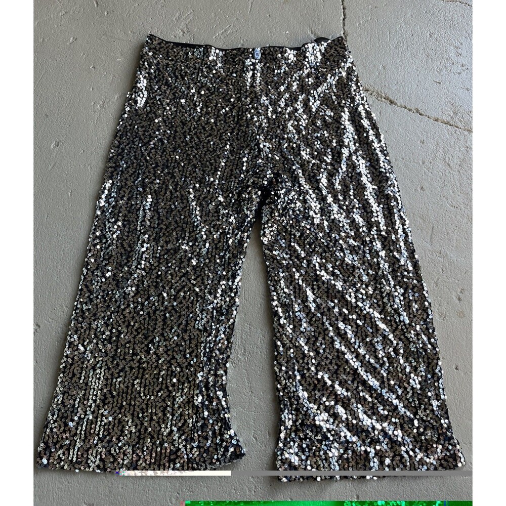 Maeve Anthropologie The Colette Sequence Wide Leg Cropped Pants Black/Silver 36
